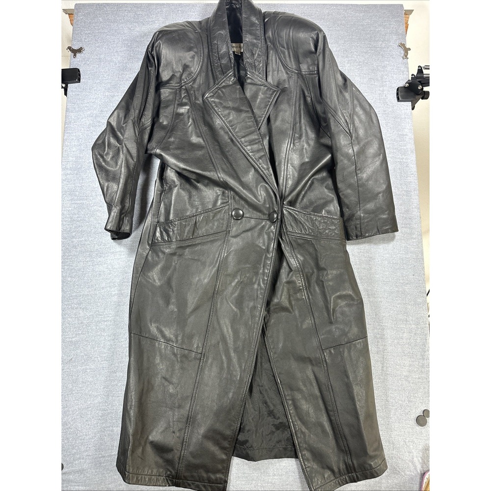 Vintage Charles Klein Leather Trench Coat Matrix Black Button Jacket Women's M